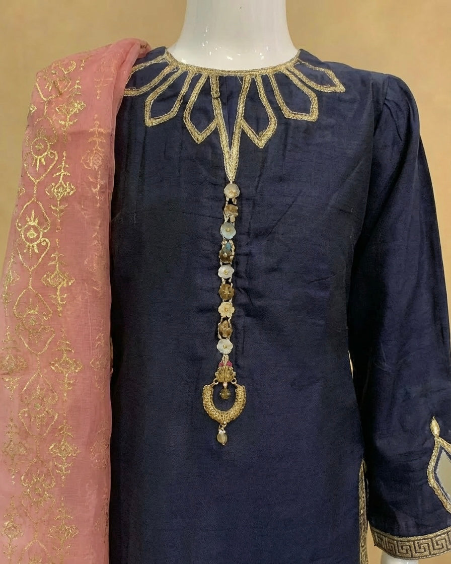 Girls Navy Viscose Embellished Kameez Suit by Simrans