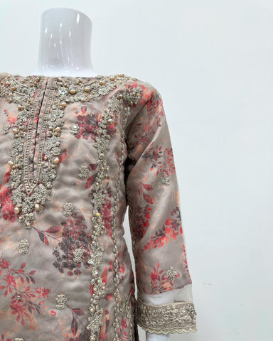 Simrans Girls Mocha Fancy Silk Net Kameez Suit