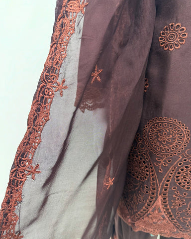 Simrans Ladies Boho Chikankari Brown Embroidered Farshi Suit