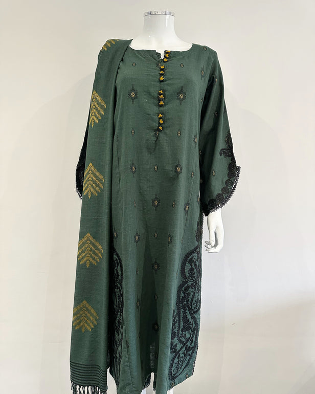 Simrans Sage Black Embroidered Jacquard Khaddar Embroidered Suit