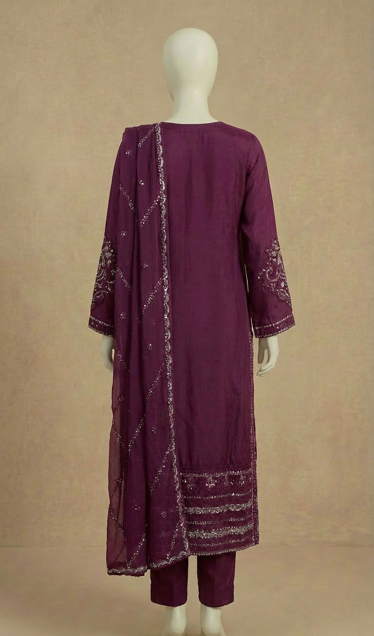 Plum Sequin Embroidered Long Kameez Suit by Simrans
