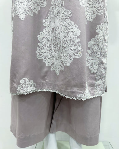 Simrans Jannat Beige White Embroidered Linen Shawl Suit