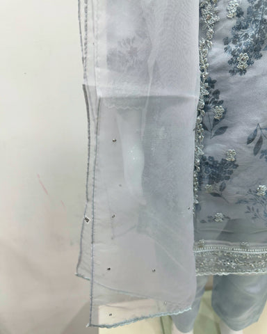 Simrans Girls Ice Blue Fancy Silk Net Kameez Suit