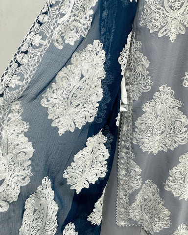 Simrans Jannat Grey Contrast White Embroidered Linen Shawl Suit