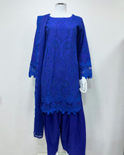Simrans Ladies Boho Chikankari Cobalt Blue Embroidered Farshi Suit