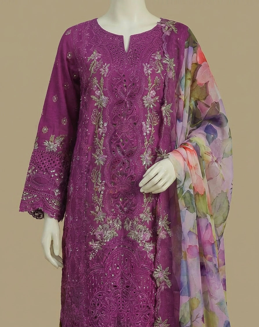 Luxury Cotton Purple Embroidered Suit by Rafia