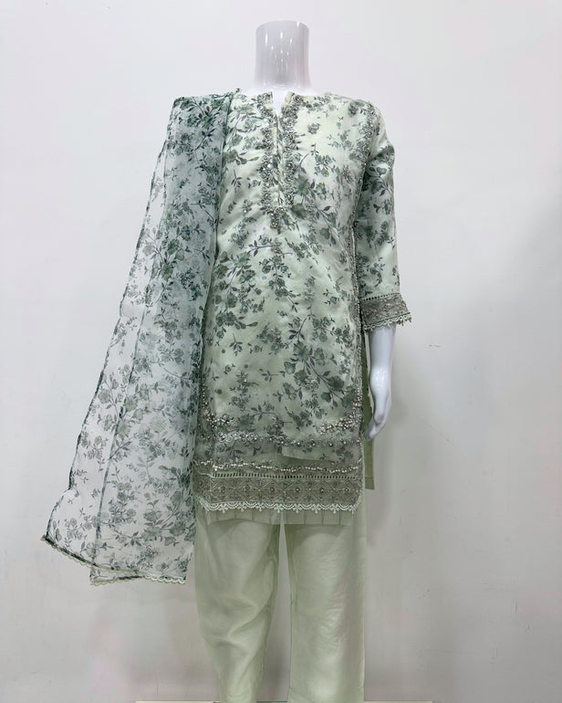 Simrans Girls Mint Fancy Silk Net Kameez Suit