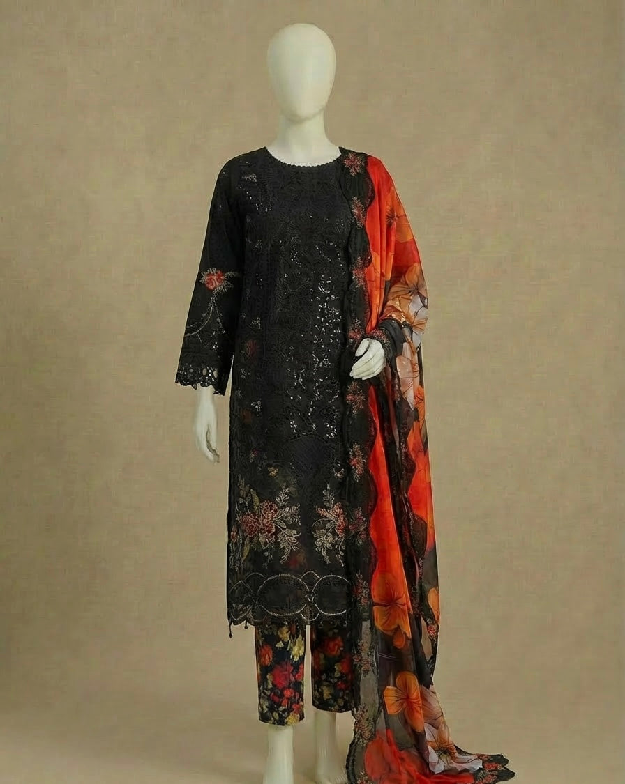 Luxury Cotton Black Embroidered Suit by Rafia