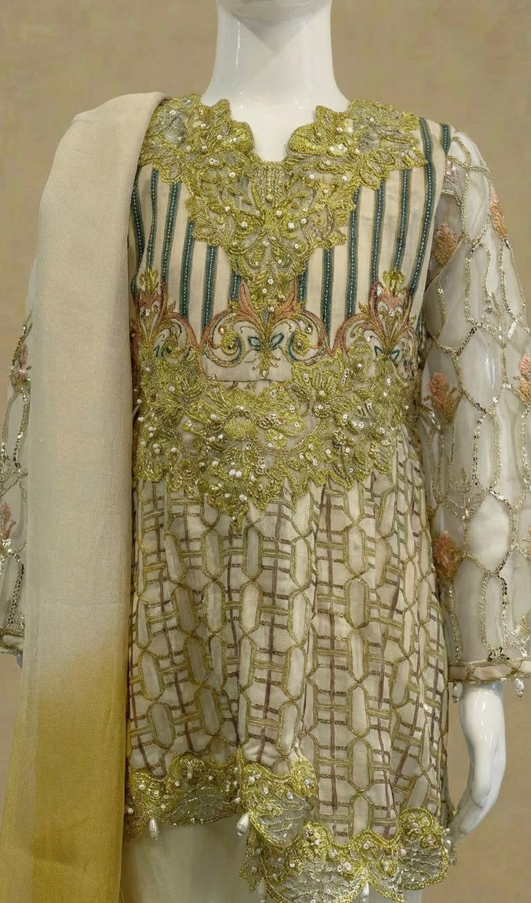 Girls Festive Lawn Gold  Fancy Embellished Dress Suit by Simrans