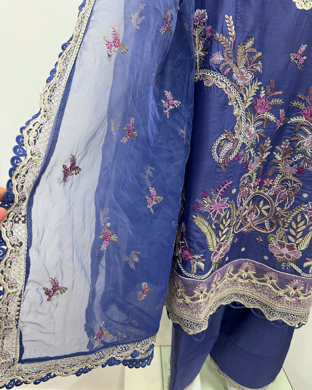 Simrans Ivana Lux Farshi Periwinkle Viscose Embroidered Suit