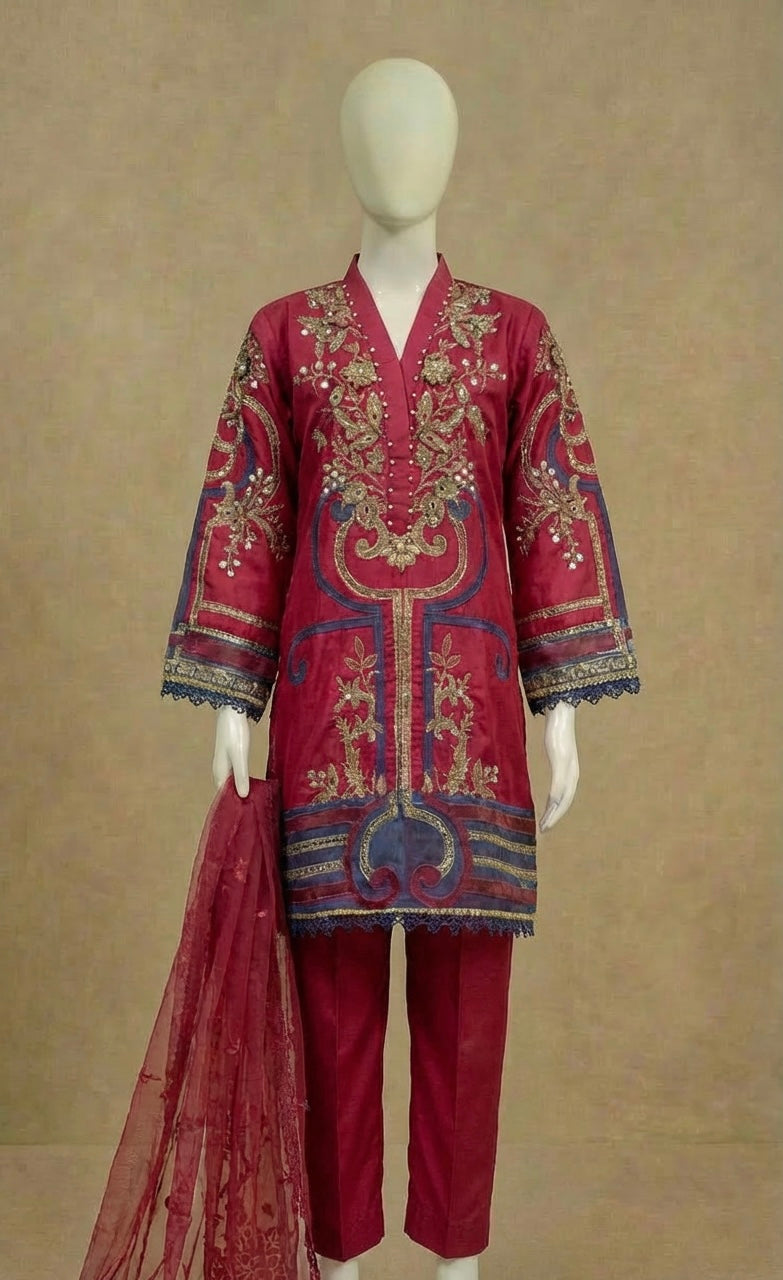 Girls Maria B Inspired Maroon Embroidered Silk Suit by Simrans