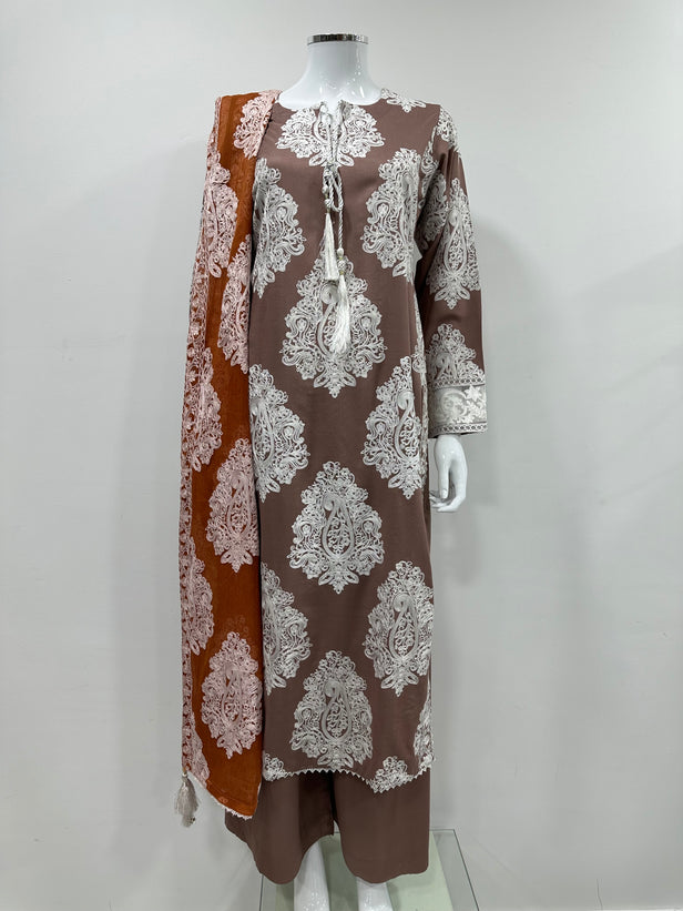 Simrans Jannat Mocha Contrast White Embroidered Linen Shawl Suit