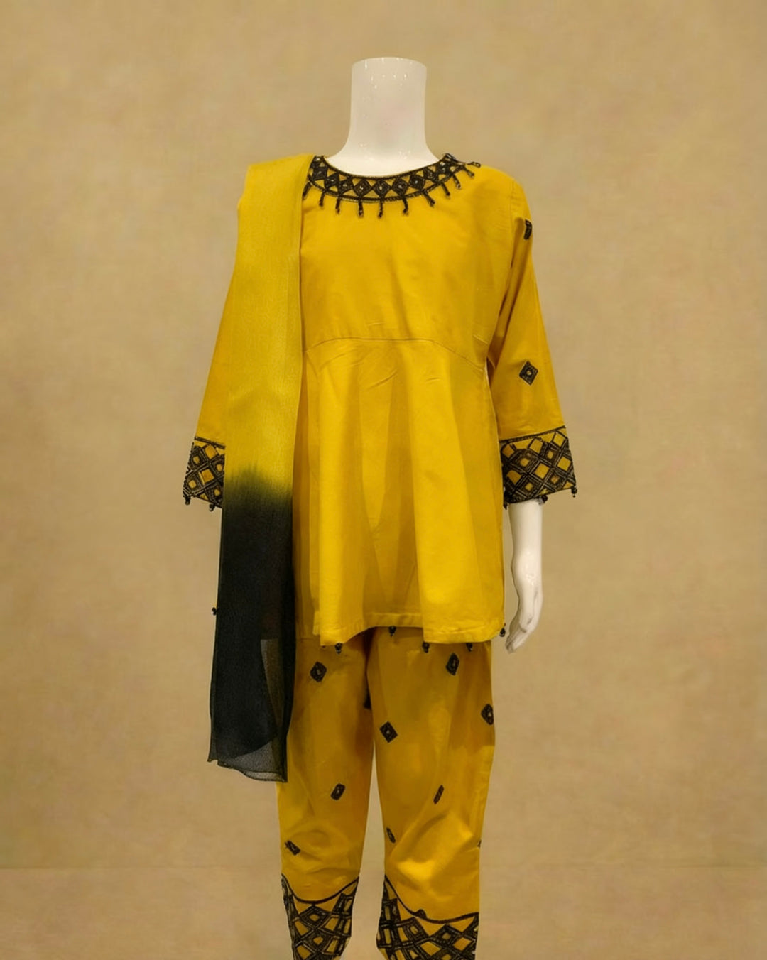 Girls Mustard Embroidered Peplum Suit by Simrans