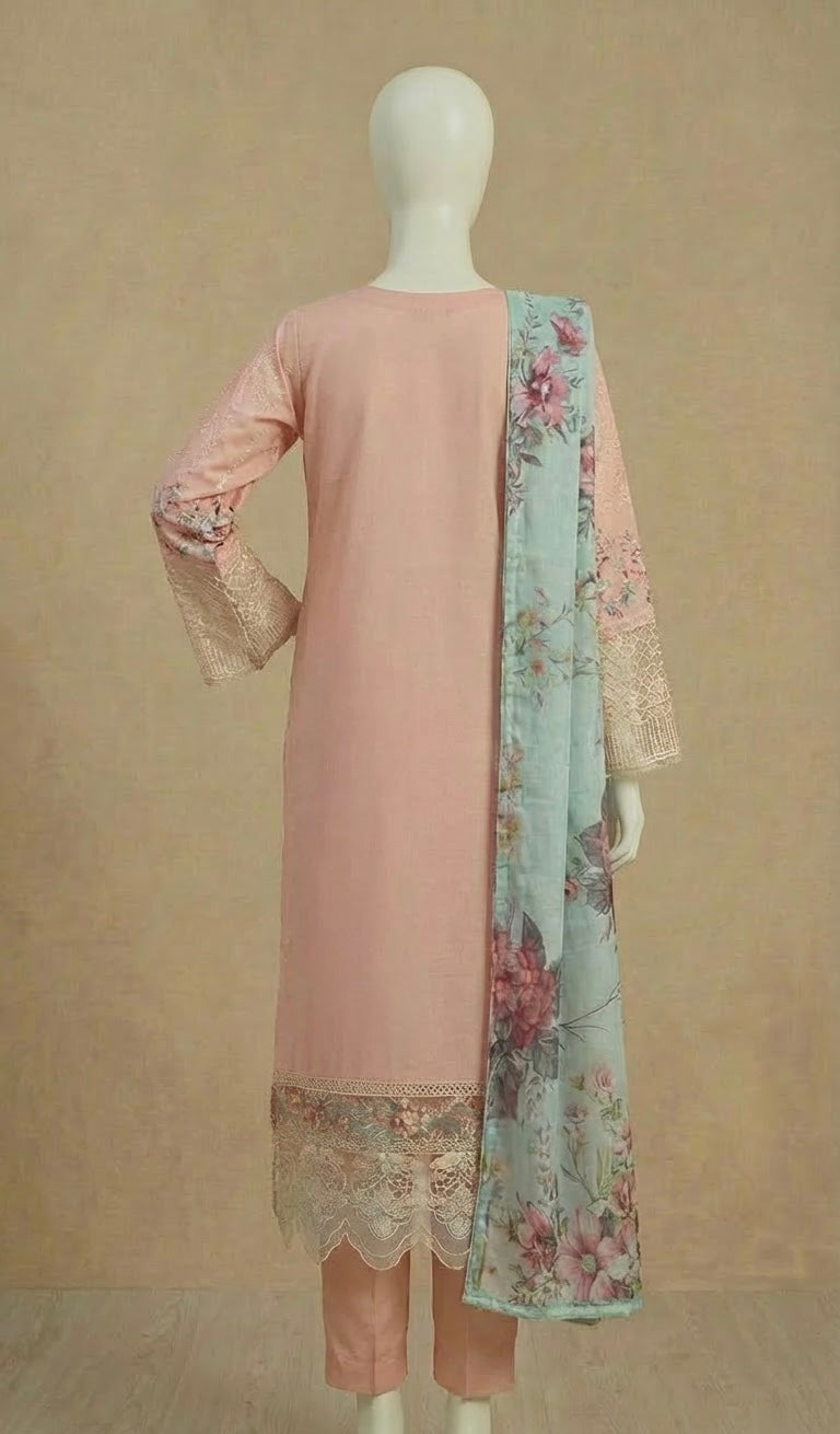 Luxury Cotton Pink Embroidered Suit by Rafia