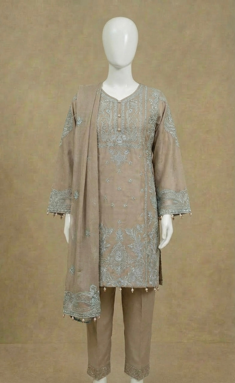 Girls Taupe Embroidered Lawn Suit by Simrans
