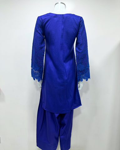 Simrans Ladies Boho Chikankari Cobalt Blue Embroidered Farshi Suit