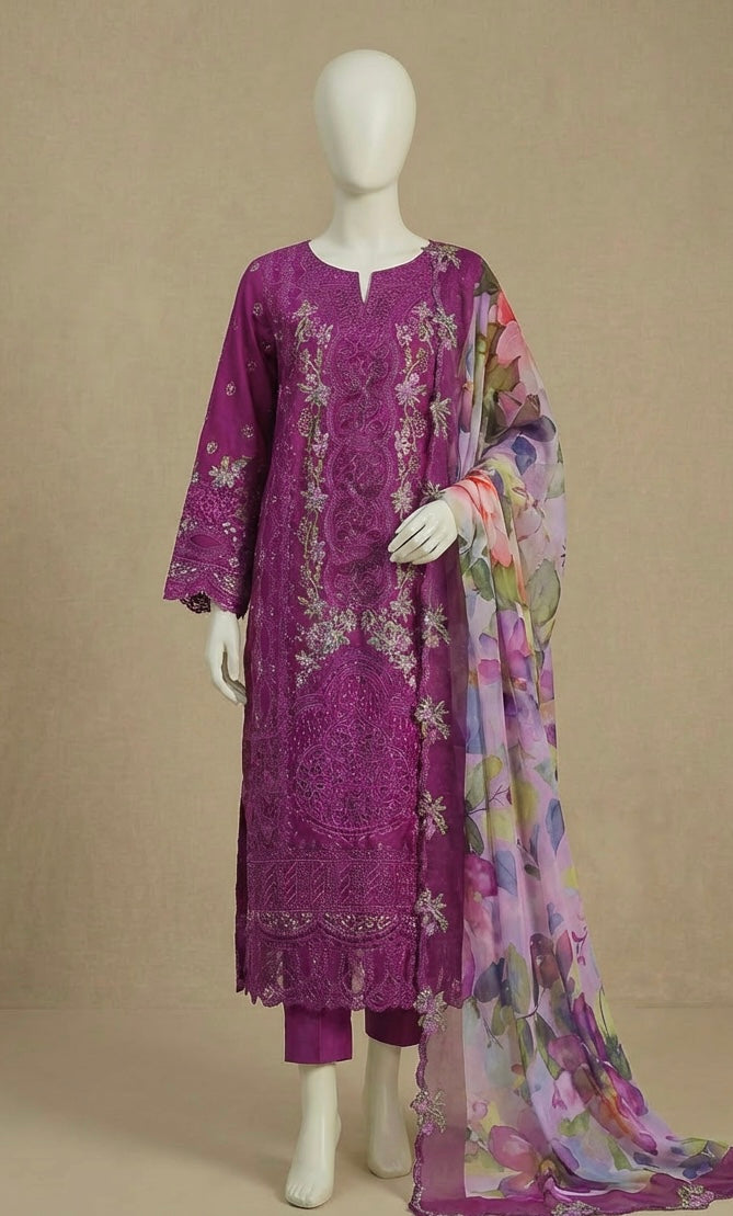 Luxury Cotton Purple Embroidered Suit by Rafia