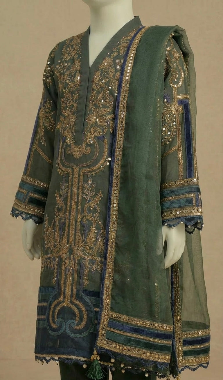 Girls Maria B Inspired Emerald Green Embroidered Silk Suit by Simrans
