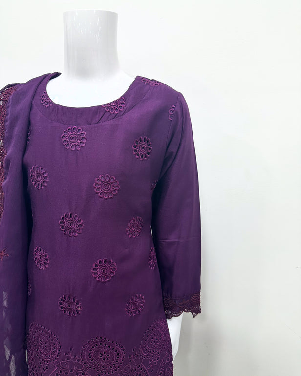 Simrans Girls Boho Chikankari Purple Embroidered Farshi Suit