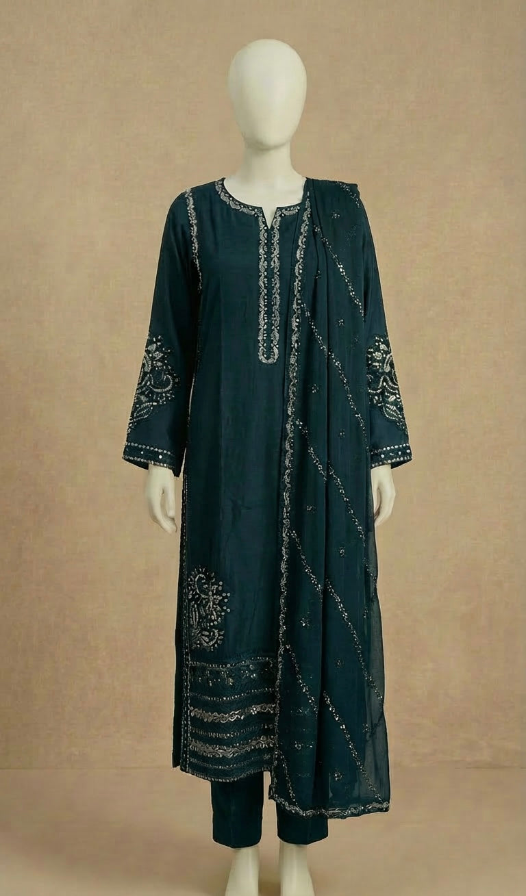 Teal Sequin Embroidered Long Kameez Suit by Simrans