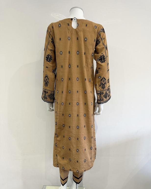 Simrans Ochre Black Embroidered Jacquard Khaddar Embroidered Suit