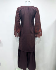 Simrans Ladies Boho Chikankari Brown Embroidered Farshi Suit