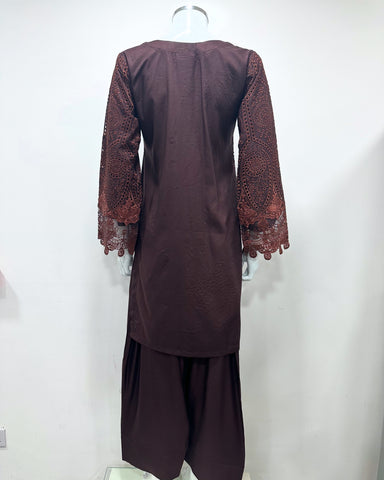 Simrans Ladies Boho Chikankari Brown Embroidered Farshi Suit