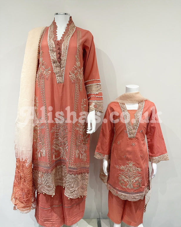 Simrans Fiesta Girls Blush Orange Embroidered Suit