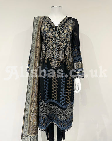 Simrans Black Premium Fancy Jacquard Embroidered Kameez Suit