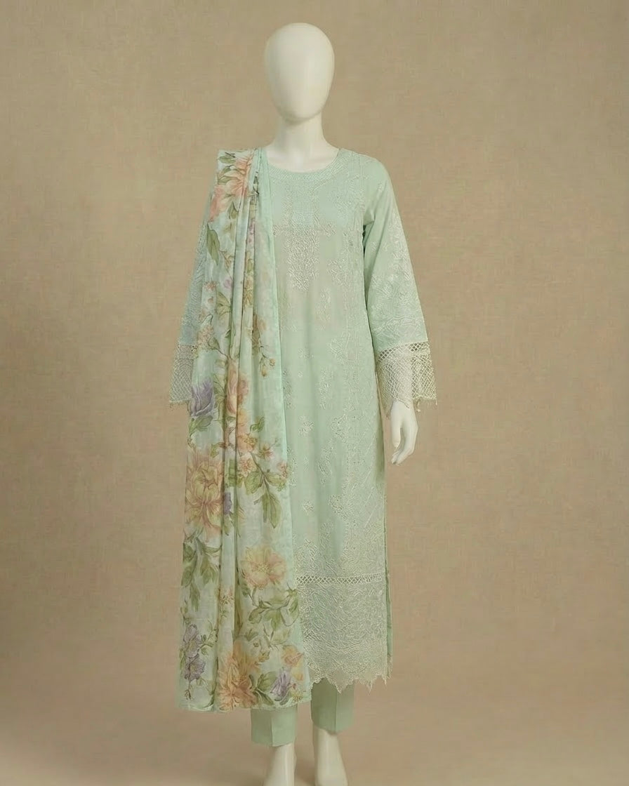 Luxury Lawn Mint Green Embroidered Suit by Rafia