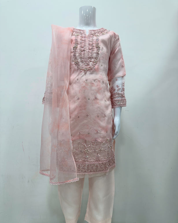 Simrans Girls Baby Pink Fancy Silk Net Kameez Suit