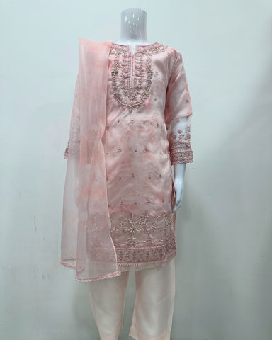 Simrans Girls Baby Pink Fancy Silk Net Kameez Suit