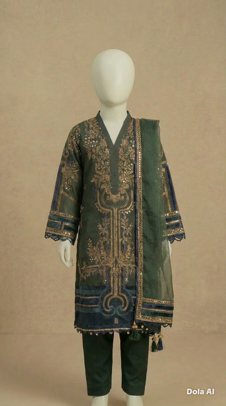 Girls Maria B Inspired Emerald Green Embroidered Silk Suit by Simrans