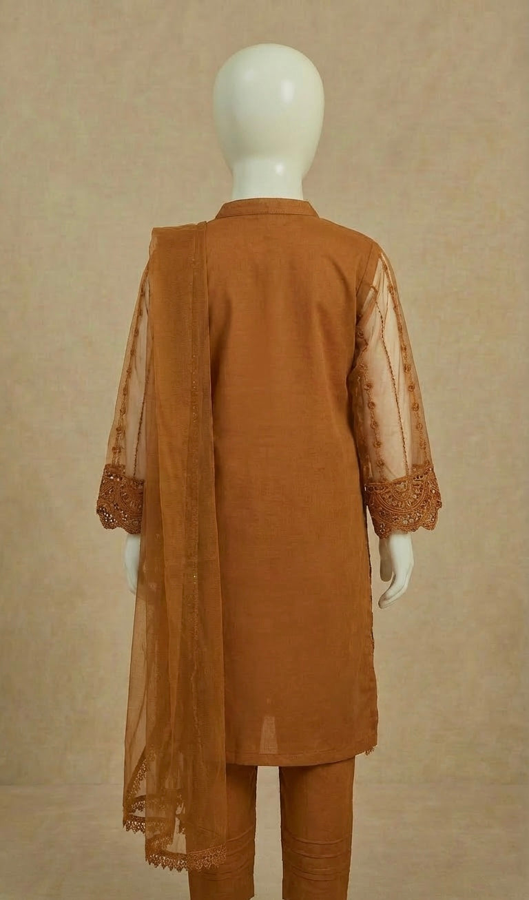 Girls Ivana Collection Burnt Orange Embroidered Organza Suit by Simrans