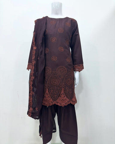 Simrans Girls Boho Chikankari Brown Embroidered Farshi Suit