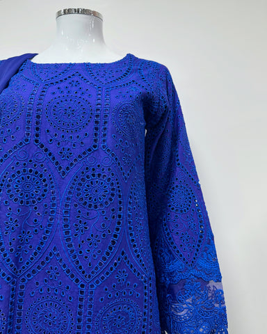 Simrans Ladies Boho Chikankari Cobalt Blue Embroidered Farshi Suit