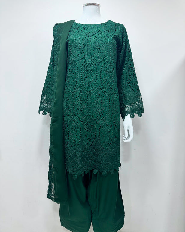 Simrans Ladies Boho Chikankari Emerald Green Embroidered Farshi Suit