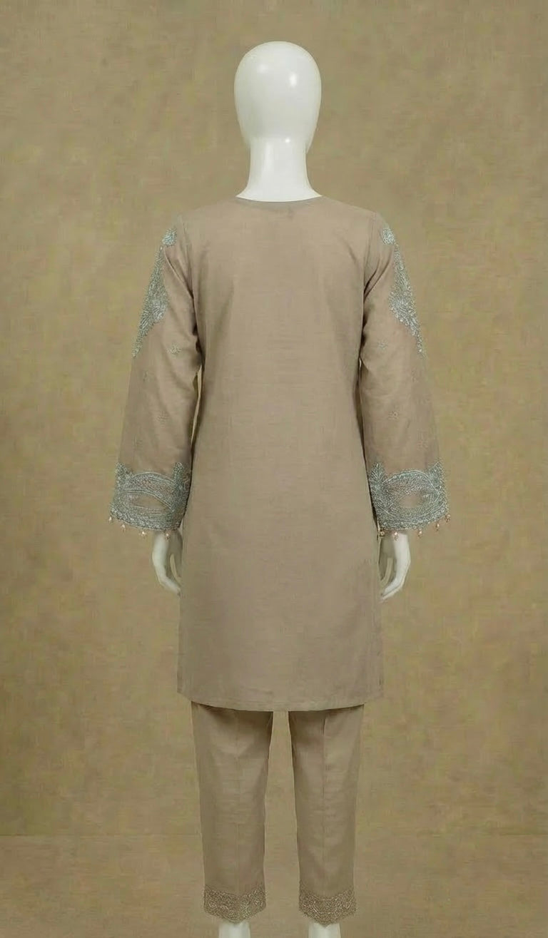 Girls Taupe Embroidered Lawn Suit by Simrans