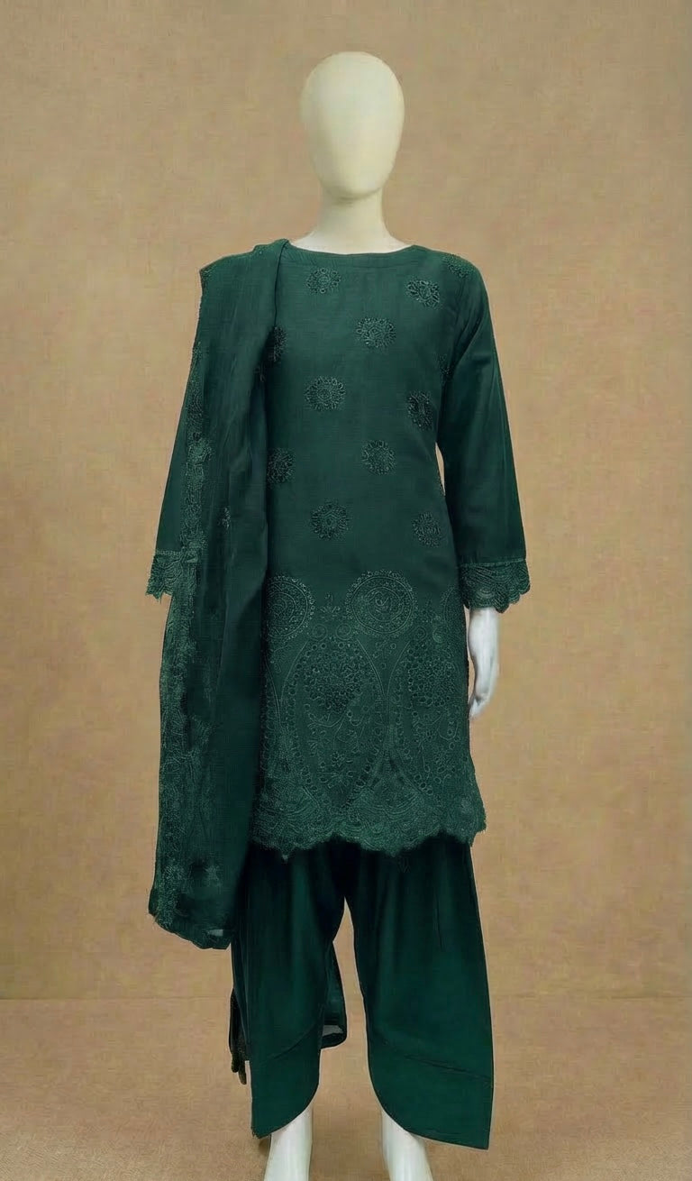 Girls Boho Chikankari Emerald Green Embroidered Farshi Suit by Simrans
