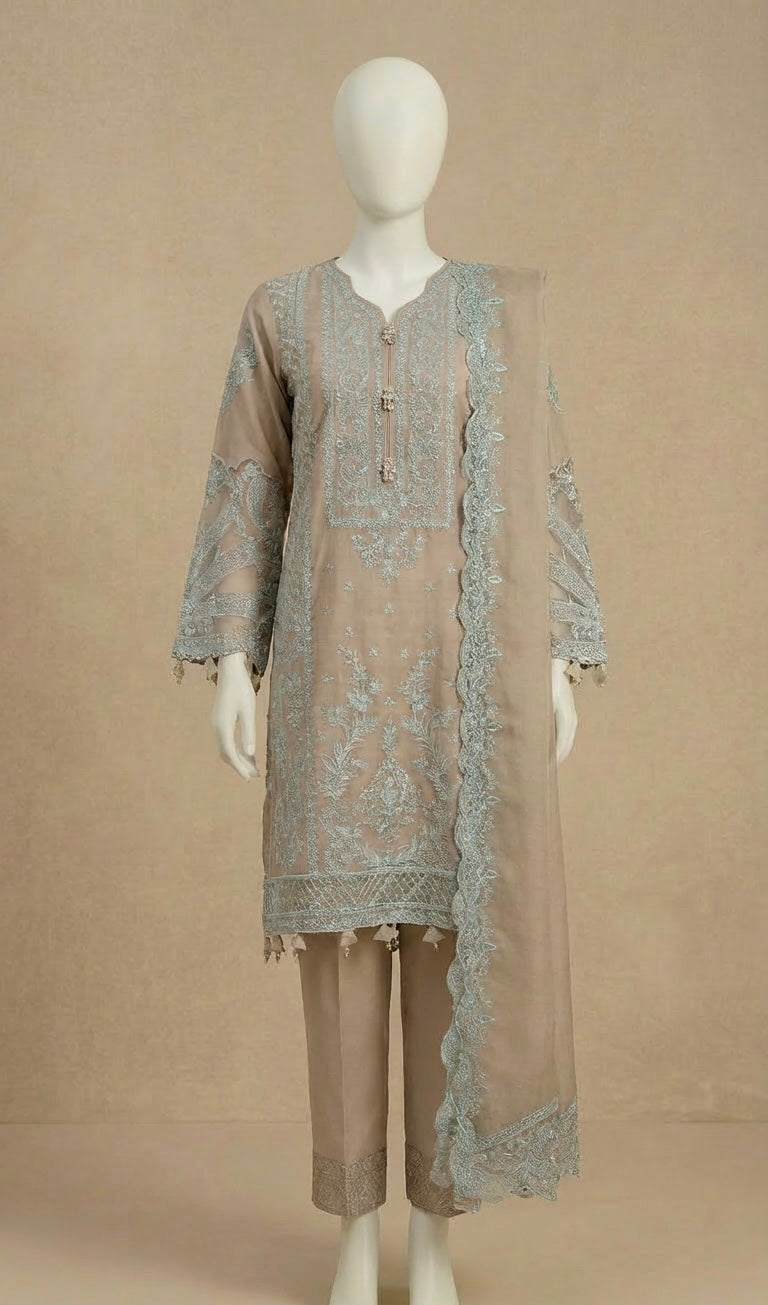 Taupe Embroidered Lawn Suit by Simrans