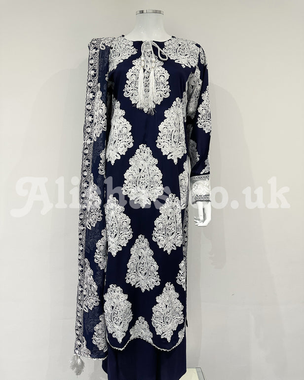 Simrans Navy Linen White Contrast Fancy Embroidered Suit