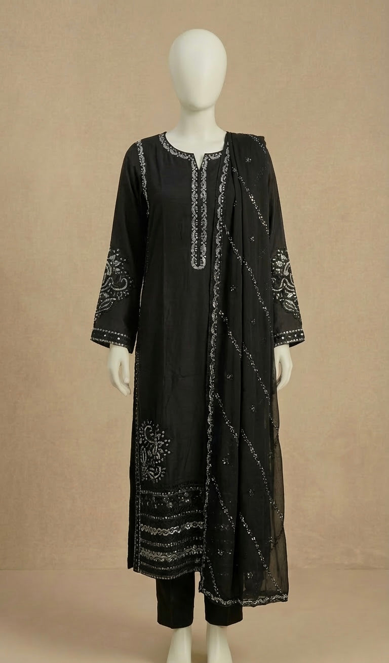 Black Sequin Embroidered Long Kameez Suit by Simrans