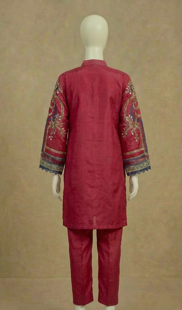 Girls Maria B Inspired Maroon Embroidered Silk Suit by Simrans