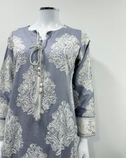 Simrans Jannat Grey Contrast White Embroidered Linen Shawl Suit