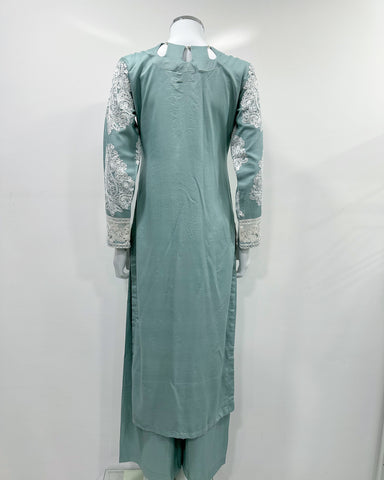 Simrans Jannat Mint Contrast White Embroidered Linen Shawl Suit