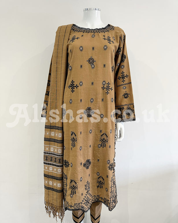Simrans Ochre Black Embroidered Jacquard Khaddar Embroidered Suit