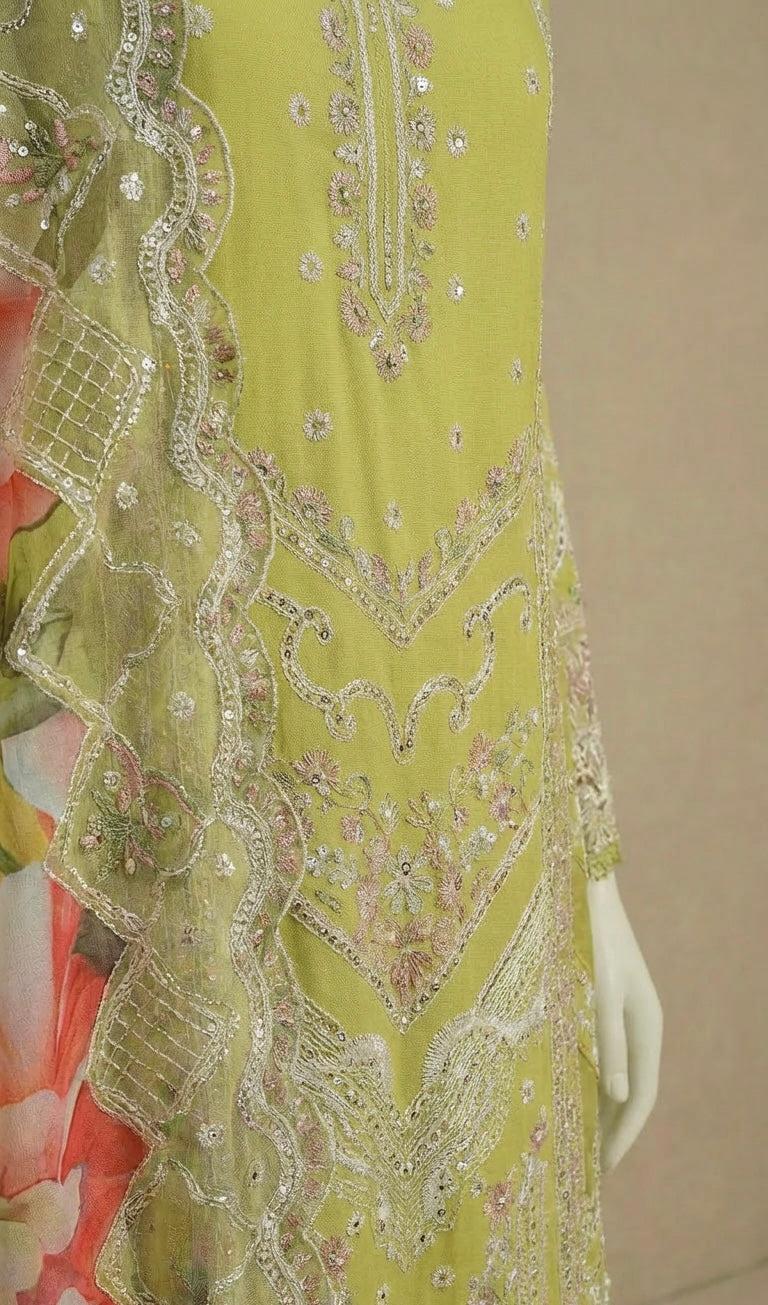 Luxury Cotton Olive Embroidered Suit by Rafia