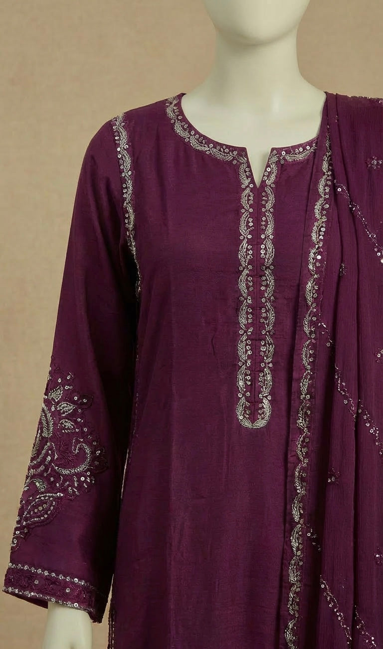 Plum Sequin Embroidered Long Kameez Suit by Simrans