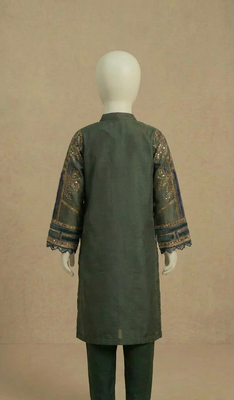 Girls Maria B Inspired Emerald Green Embroidered Silk Suit by Simrans