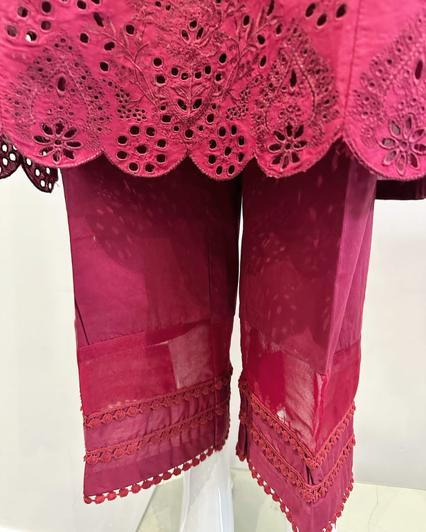 Simrans Deep Red Chickankari Embroidered Kameez Suit